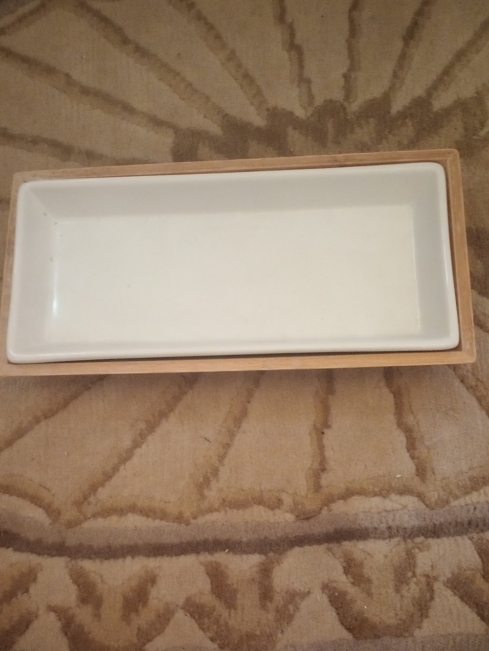 NWT White Ceramic Vanity Tray with Natural Wood Base - Minimalist Organizer